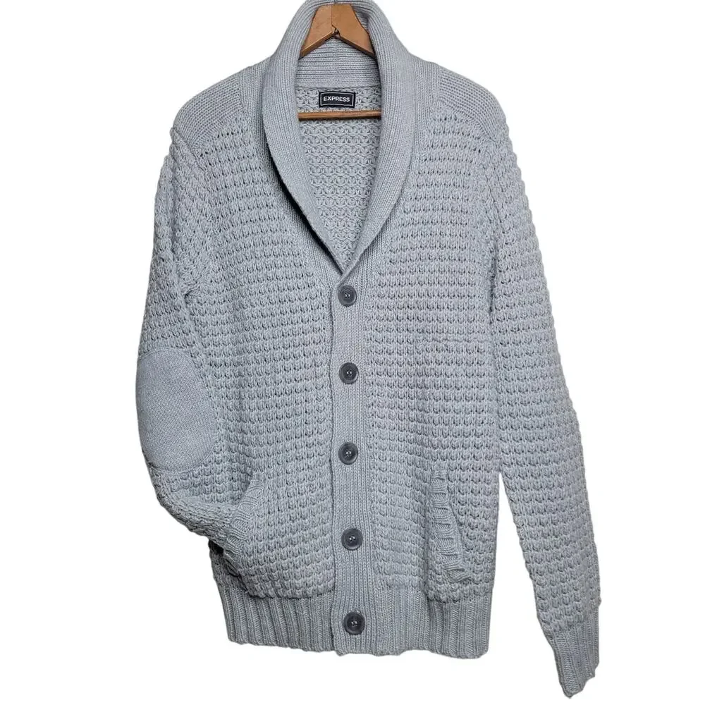 EXPRESS Womens Shawl Cardigan Gray Chunky Knit Elbow Patch Wool Blend Sweater✨️L